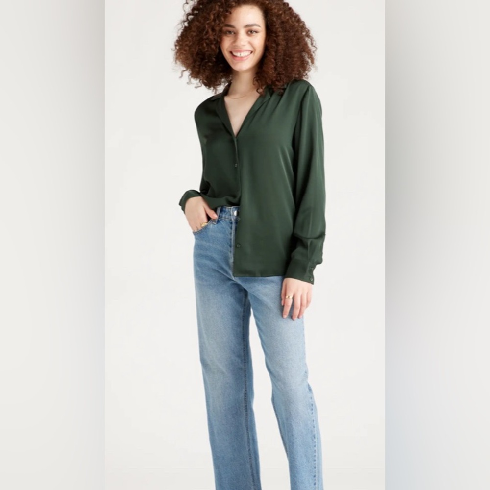 Size L Quince Forest Green Washable Stretch Silk Notch Collar Blouse